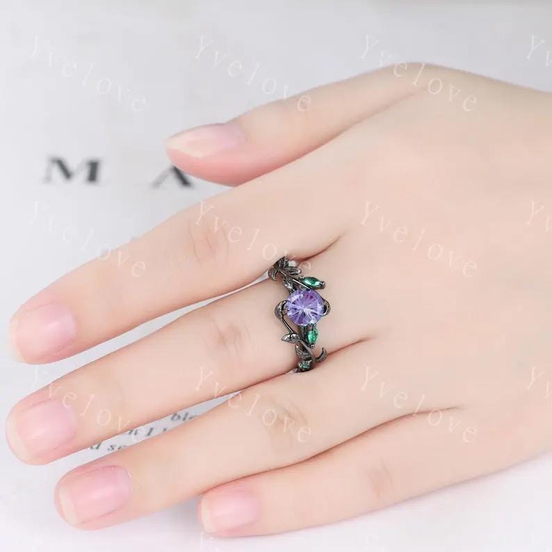 Vintage Firework Alexandrite Engagement Ring,Black Gold,Leaf Peridot Amethyst Ring,Women Bridal Set,Unique Promise Ring Anniversary Gift