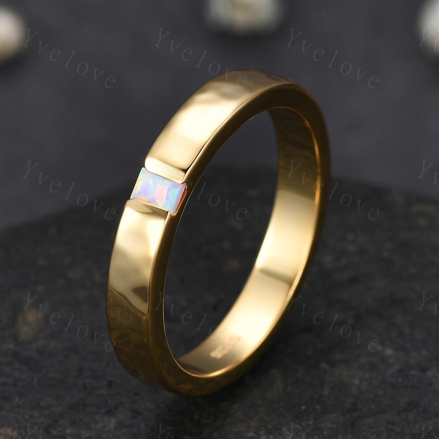3mm Mens Baguette White Opal Wedding Band Opal Wedding Ring Solid Gold Ring Men Hammered Stacking Matching Band Vintage Ring Bridegroom Gift