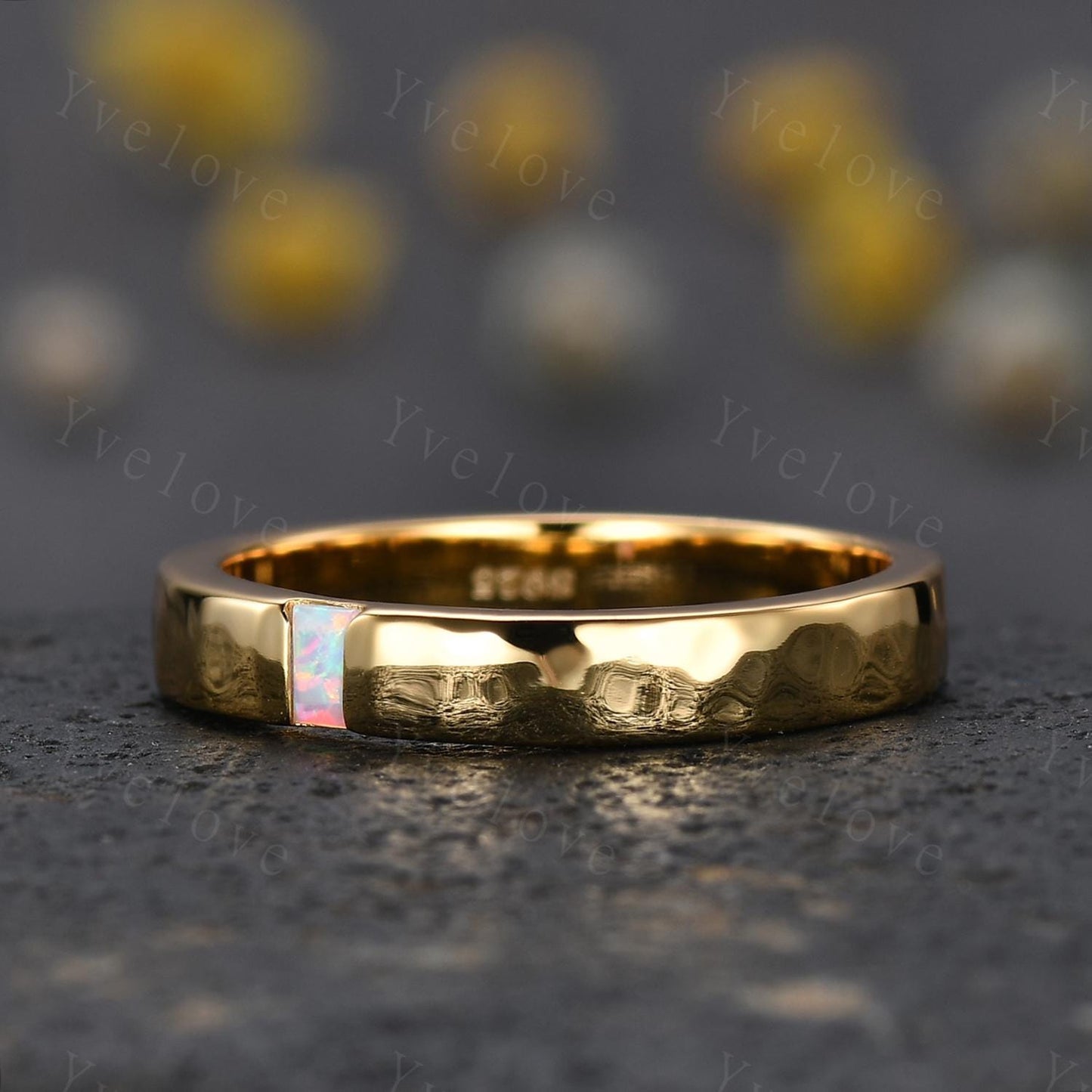 3mm Mens Baguette White Opal Wedding Band Opal Wedding Ring Solid Gold Ring Men Hammered Stacking Matching Band Vintage Ring Bridegroom Gift