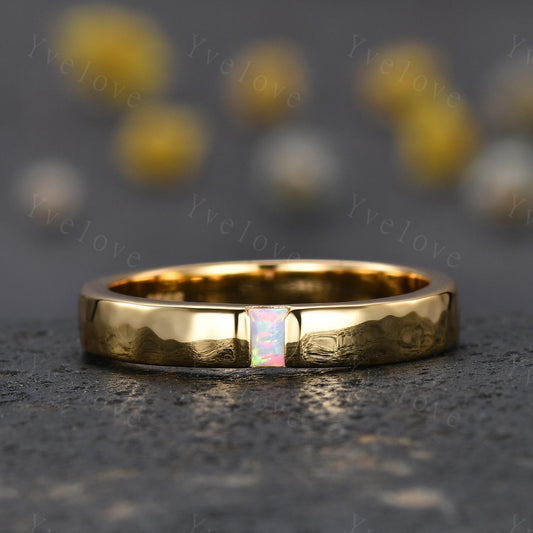 3mm Mens Baguette White Opal Wedding Band Opal Wedding Ring Solid Gold Ring Men Hammered Stacking Matching Band Vintage Ring Bridegroom Gift