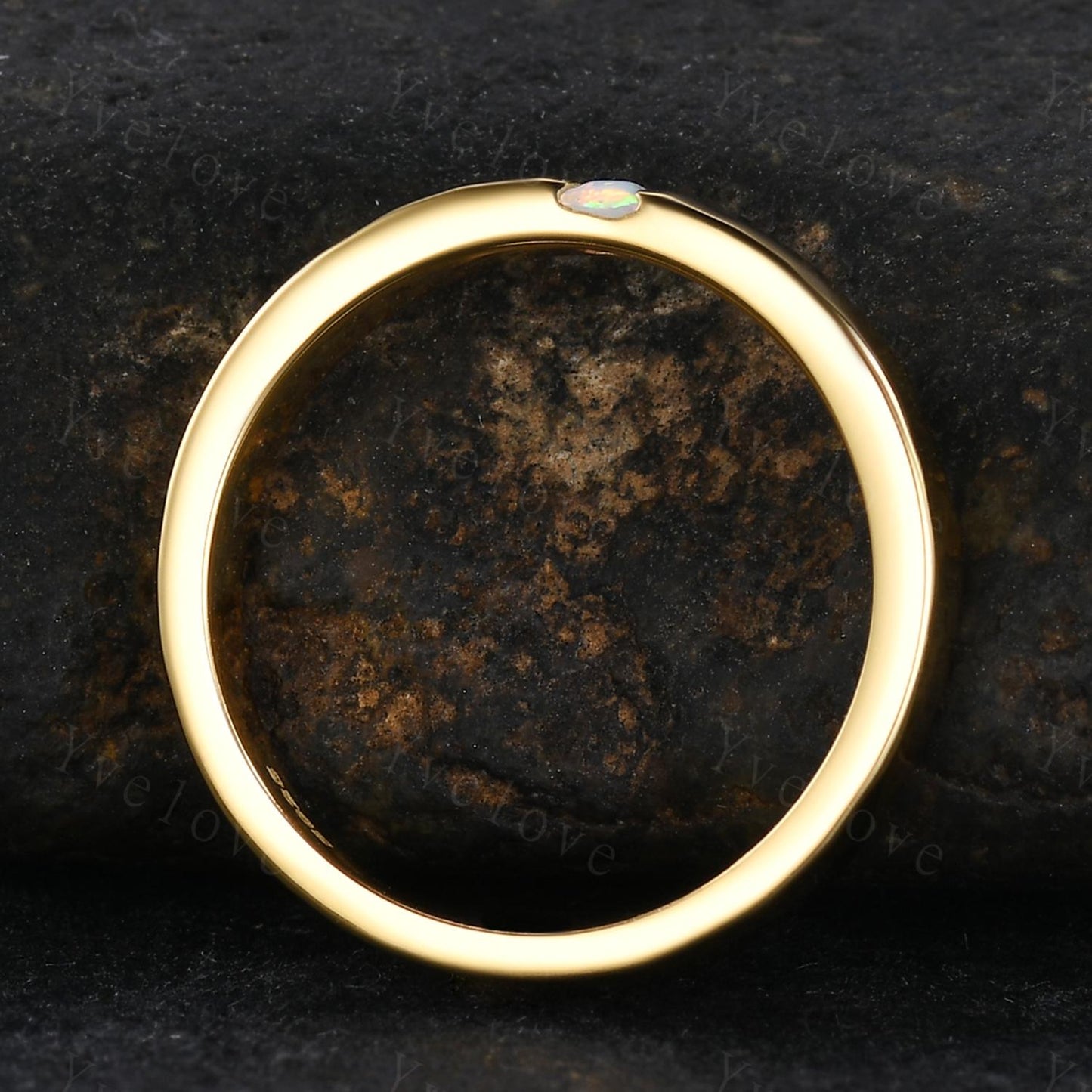 3mm Mens Baguette White Opal Wedding Band Opal Wedding Ring Solid Gold Ring Men Hammered Stacking Matching Band Vintage Ring Bridegroom Gift