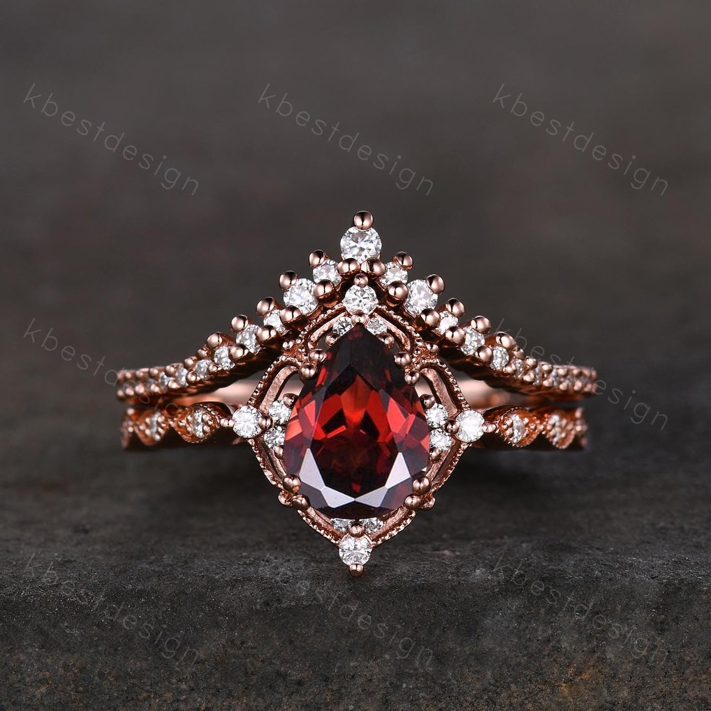 Vintage garnet engagement ring rose gold art deco curved stacking band pear cut bridal set unique moissanite wedding set anniversary gift