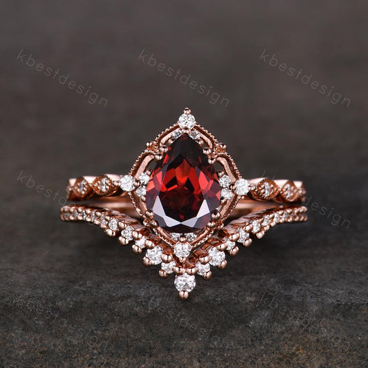 Vintage garnet engagement ring rose gold art deco curved stacking band pear cut bridal set unique moissanite wedding set anniversary gift
