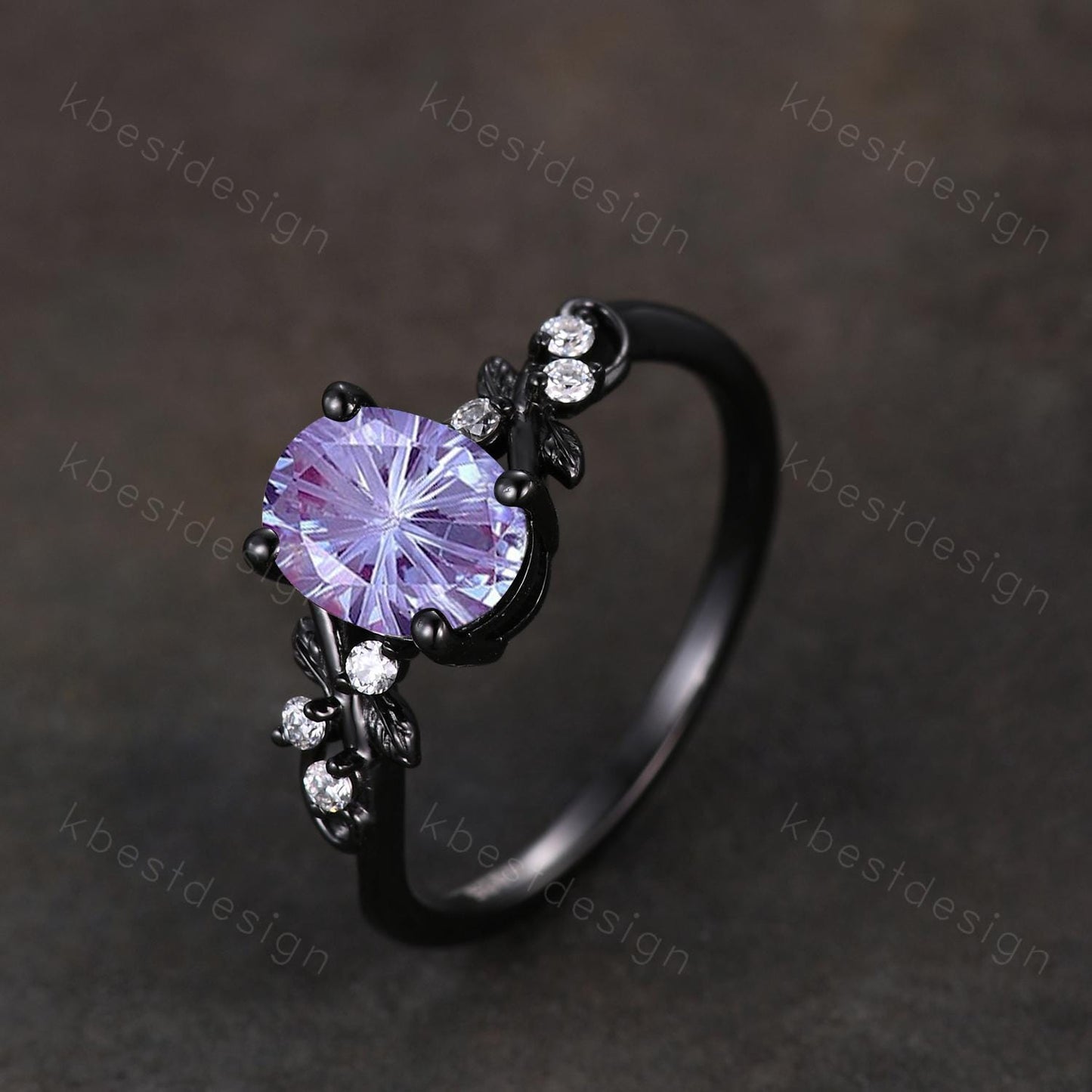 Firework cut alexandrite engagement ring black gold twig leaf moissanite ring oval cut bridal ring unique alexandrite promise ring for her