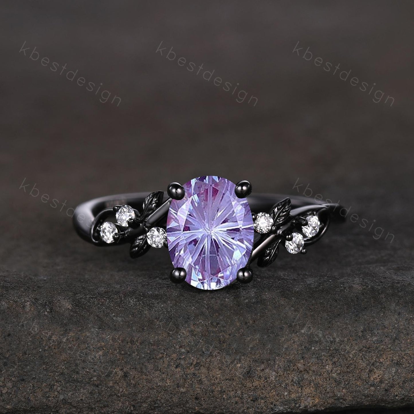Firework cut alexandrite engagement ring black gold twig leaf moissanite ring oval cut bridal ring unique alexandrite promise ring for her