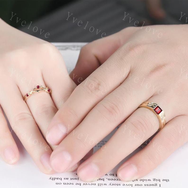 Couples ring set Red Garnet ring twig ring for men and women His and Hers wedding band Promise Stacking Matching Band Retro Vintage Gift