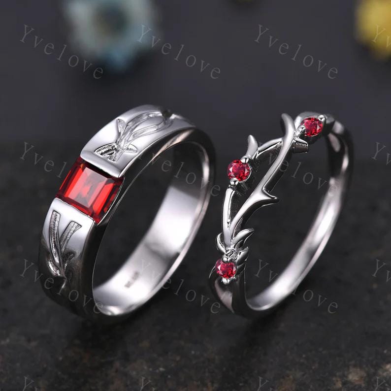 Couples ring set Red Garnet ring twig ring for men and women His and Hers wedding band Promise Stacking Matching Band Retro Vintage Gift