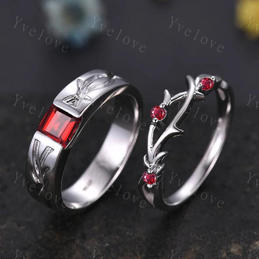 Couples ring set Red Garnet ring twig ring for men and women His and Hers wedding band Promise Stacking Matching Band Retro Vintage Gift