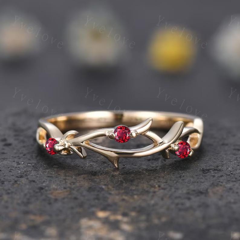 Couples ring set Red Garnet ring twig ring for men and women His and Hers wedding band Promise Stacking Matching Band Retro Vintage Gift