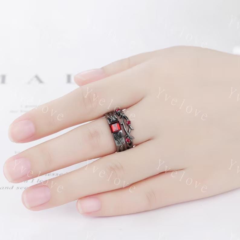 Couples ring set Red Garnet ring twig ring for men and women His and Hers wedding band Promise Stacking Matching Band Retro Vintage Gift