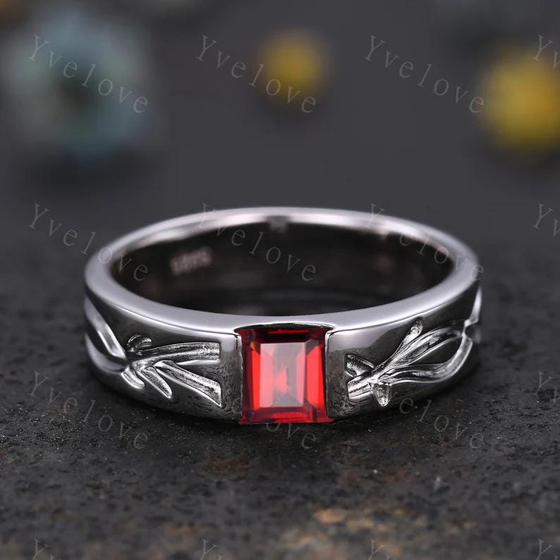Couples ring set Red Garnet ring twig ring for men and women His and Hers wedding band Promise Stacking Matching Band Retro Vintage Gift