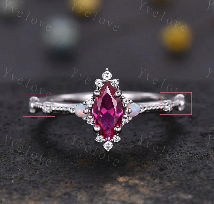 Custom order for Shayla, main stone 8x4mm marquise ruby, side stone moissanite, remove 4 moissanites on the band, 18k white gold.