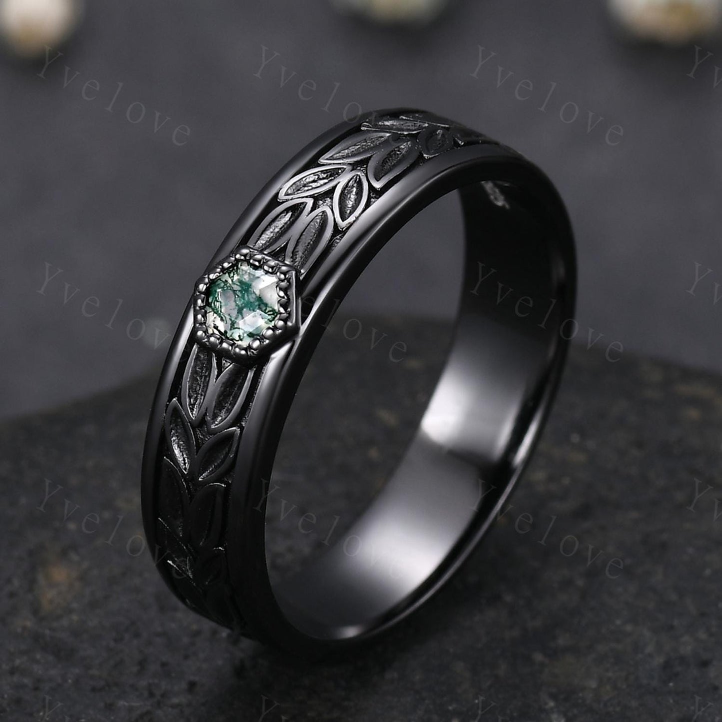 3/4 Eternity Hexagon Moss Agate Leaf Wedding Band Unisex Silver Black Ring Nature Inspired Promise Bridal Ring Custom Jewelry Rings For Men