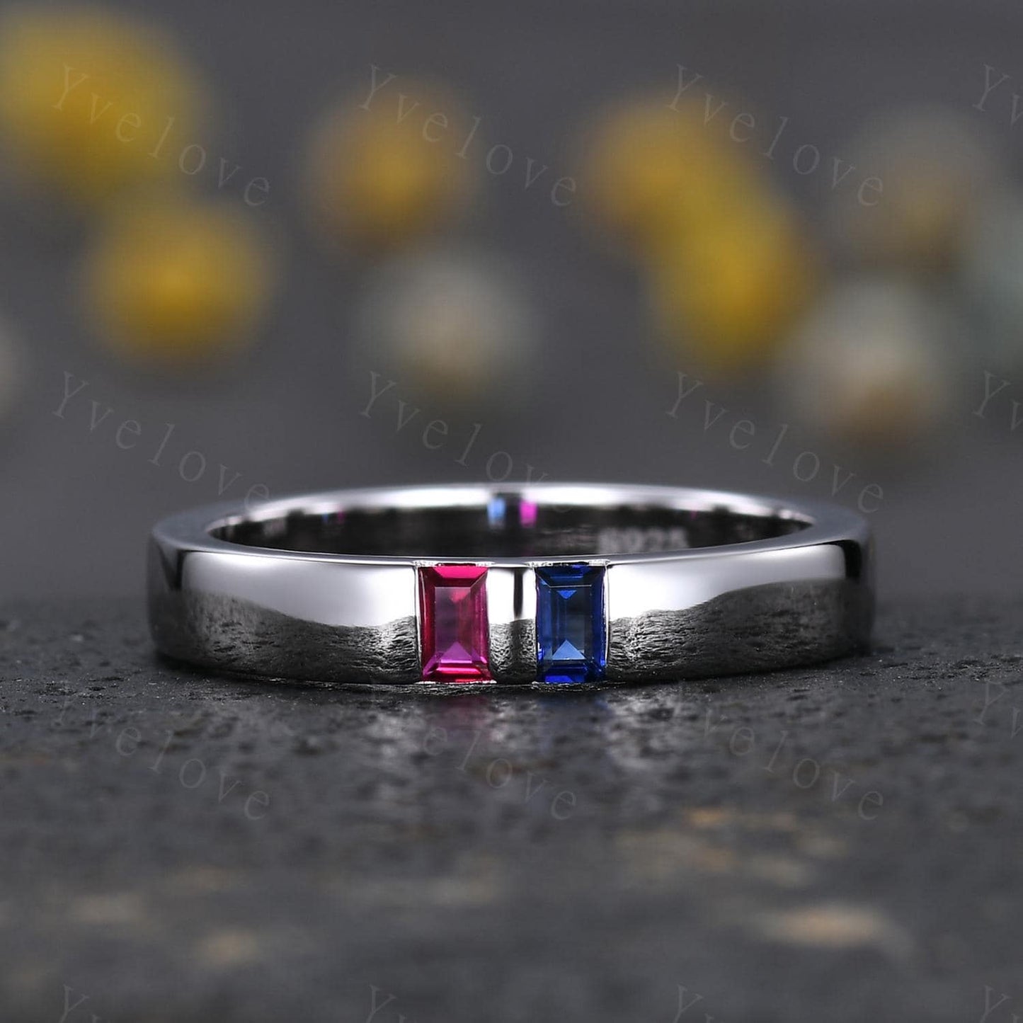 3mm Mens Baguette Ruby Sapphire Wedding Band Red Ruby Wedding Ring Silver Ring Plain Smooth Stacking Matching Band Vintage Ring Gift For Men