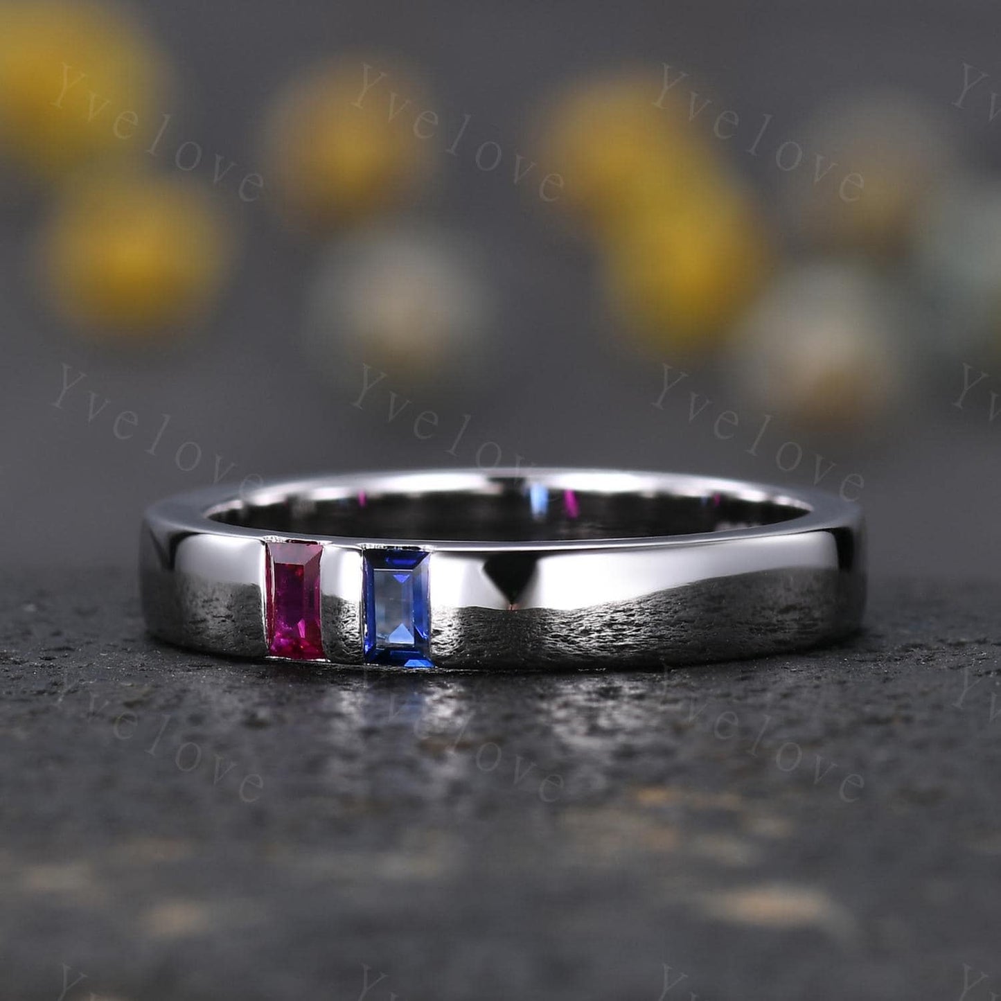 3mm Mens Baguette Ruby Sapphire Wedding Band Red Ruby Wedding Ring Silver Ring Plain Smooth Stacking Matching Band Vintage Ring Gift For Men