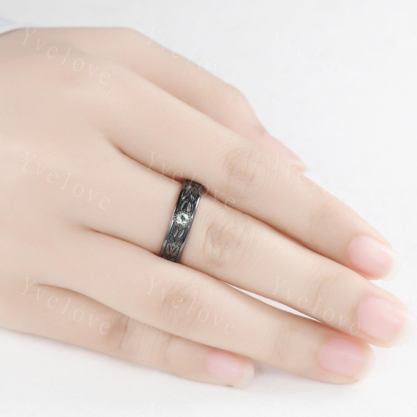 Unique Moss Agate Couples Ring Black Gold  Natural Agate Matching Ring Set His and Hers Wedding Band Promise Ring Gift For Men For Women