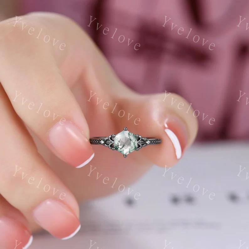Unique Moss Agate Couples Ring Black Gold  Natural Agate Matching Ring Set His and Hers Wedding Band Promise Ring Gift For Men For Women