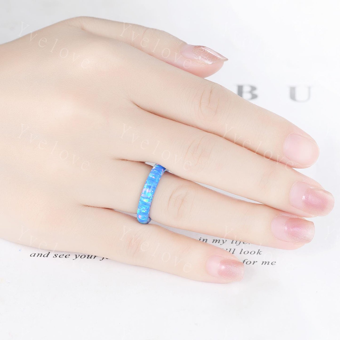 Unique blue opal wedding band mens blue fire opal engagement ring full eternity women October birthstone anniversary ring gift for him her