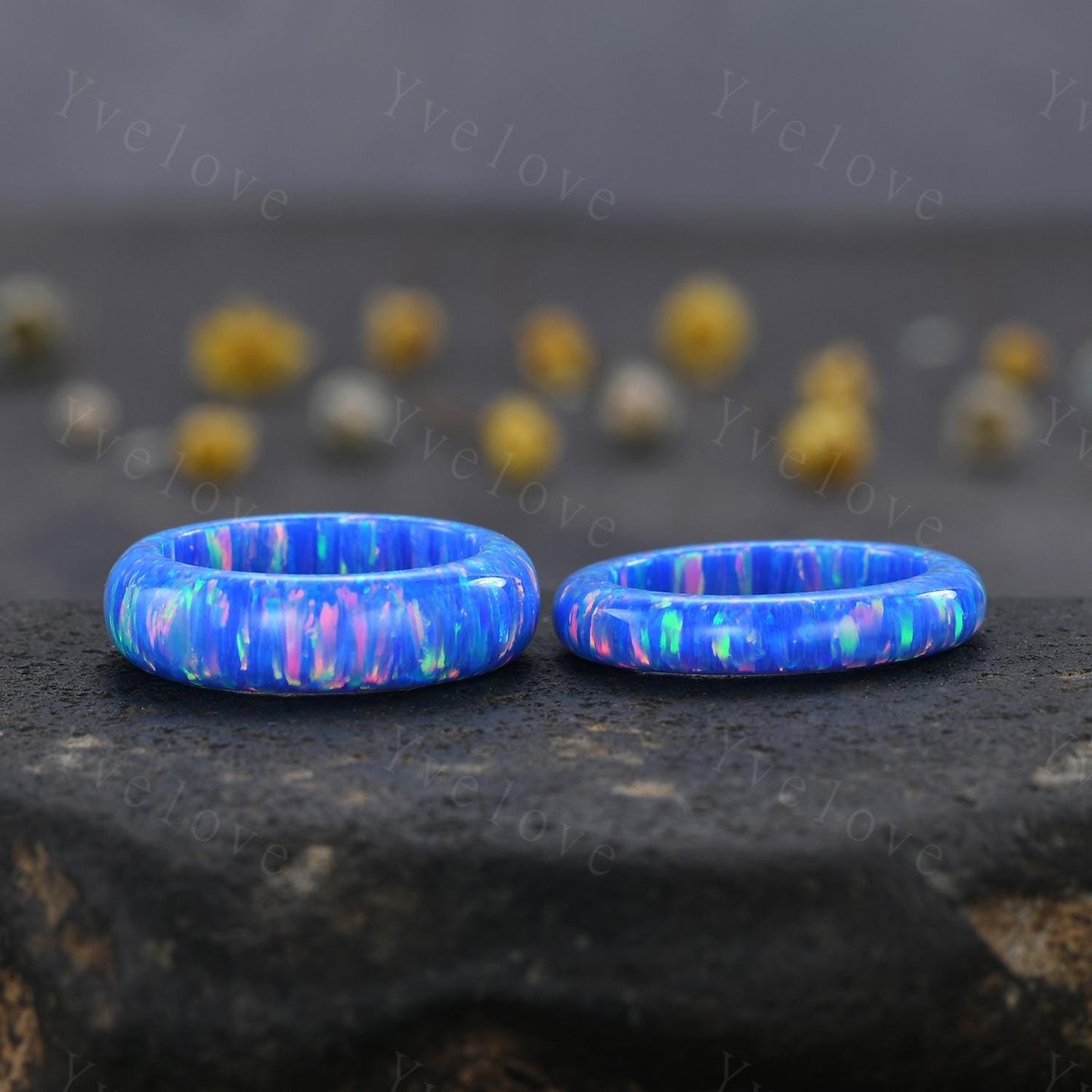 Unique blue opal wedding band mens blue fire opal engagement ring full eternity women October birthstone anniversary ring gift for him her