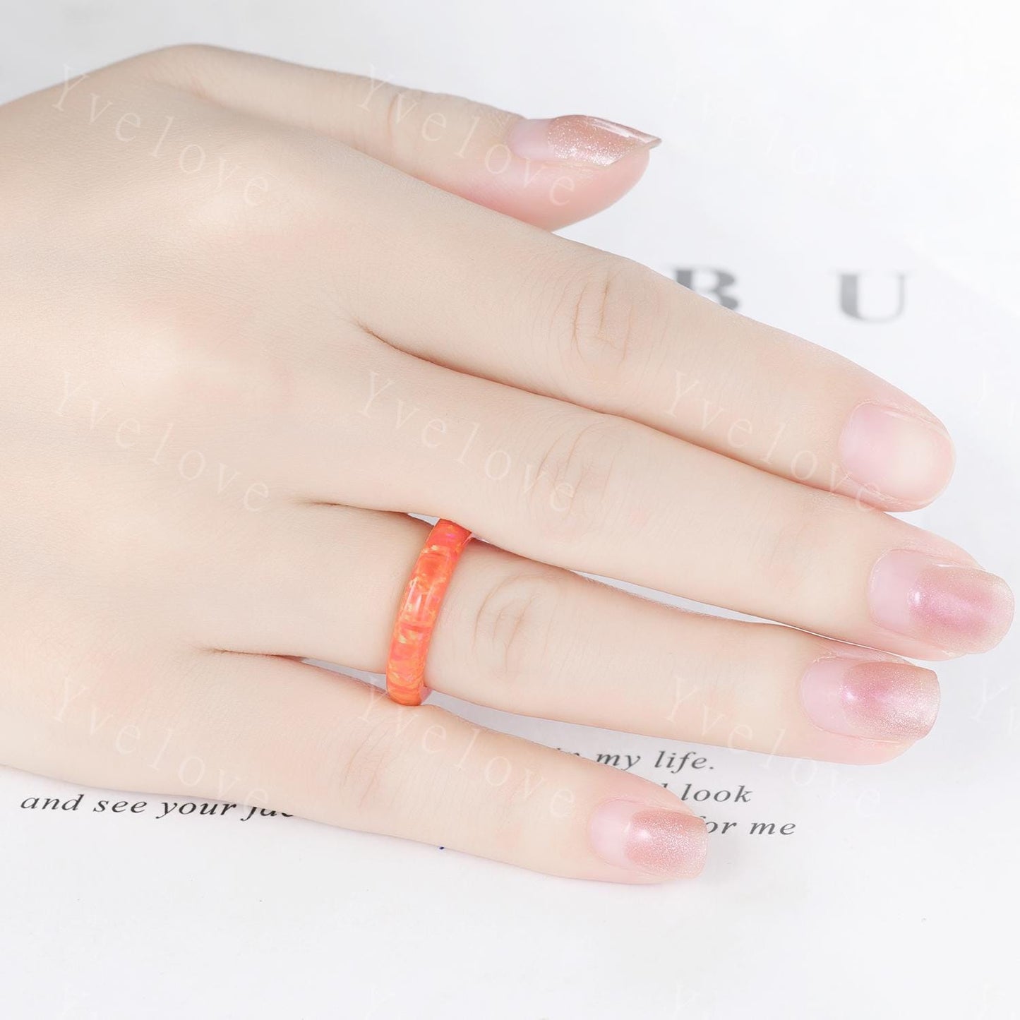 Unique Orange opal wedding band mens opal engagement ring full eternity women October birthstone anniversary ring gift for him her