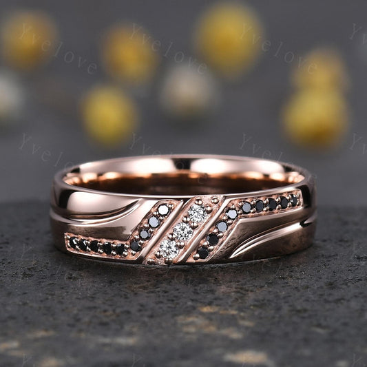 Mens Real Diamond Ring Solid 14k Rose Gold,5mm Moissanite Wedding Band,Comfort Fit Black Diamond Wedding Band,Anniversary Gift Promise Ring