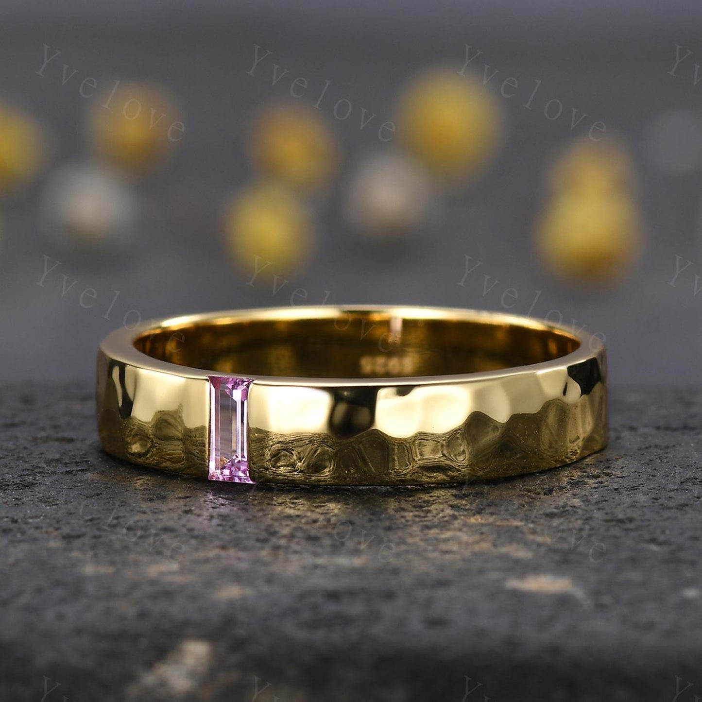 Natural Pink Sapphire Wedding Band Baguette Sapphire Wedding Ring 5mm Gold Ring Mens Hammered Stacking Matching Band Retro Vintage Ring Gift