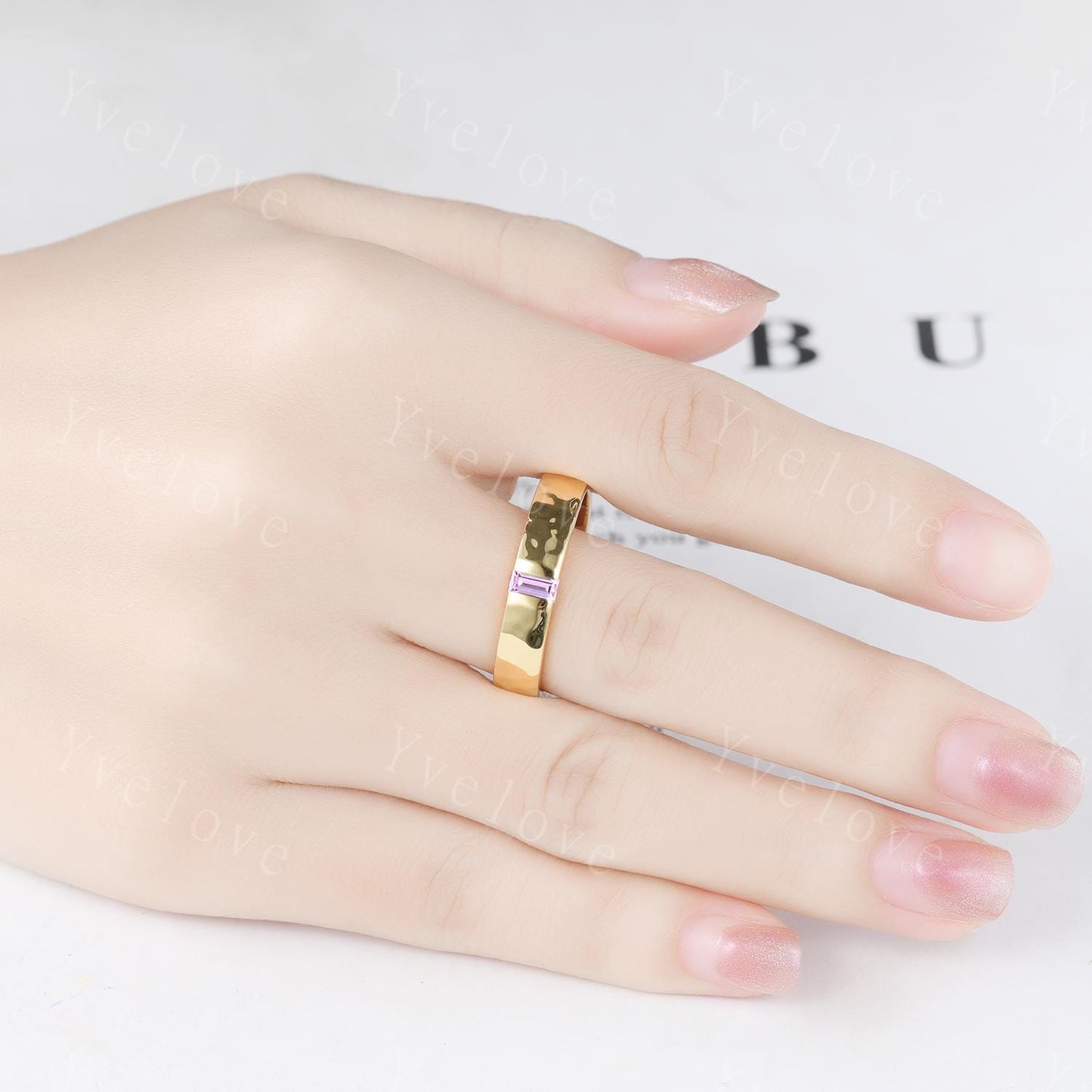 Natural Pink Sapphire Wedding Band Baguette Sapphire Wedding Ring 5mm Gold Ring Mens Hammered Stacking Matching Band Retro Vintage Ring Gift