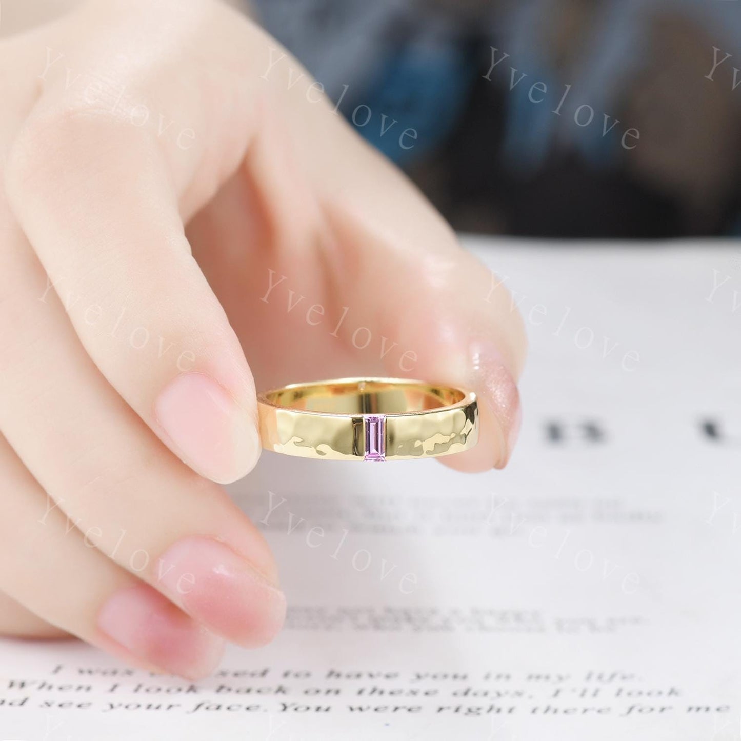 Natural Pink Sapphire Wedding Band Baguette Sapphire Wedding Ring 5mm Gold Ring Mens Hammered Stacking Matching Band Retro Vintage Ring Gift