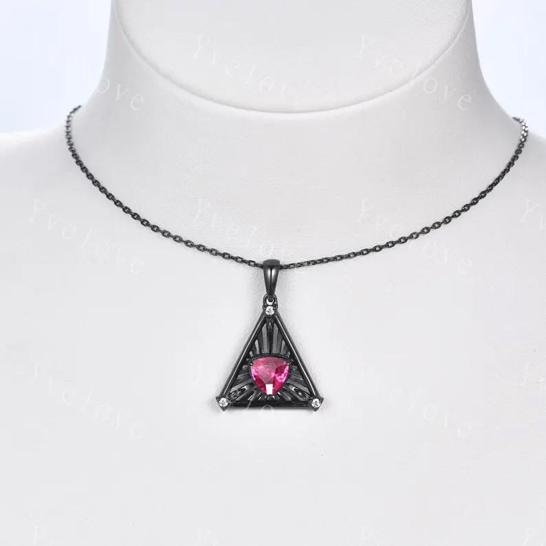 Gothic trillion shape red ruby pendant white gold necklace unique triangle cut ruby engagement necklace wedding necklace July birthday gift