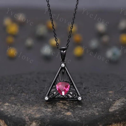 Gothic trillion shape red ruby pendant white gold necklace unique triangle cut ruby engagement necklace wedding necklace July birthday gift