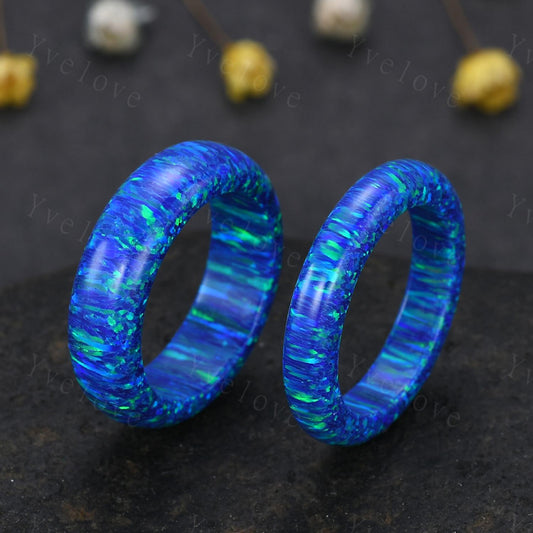 Unique peacock blue opal wedding band mens opal engagement ring full eternity women October birthstone anniversary ring gift for him her
