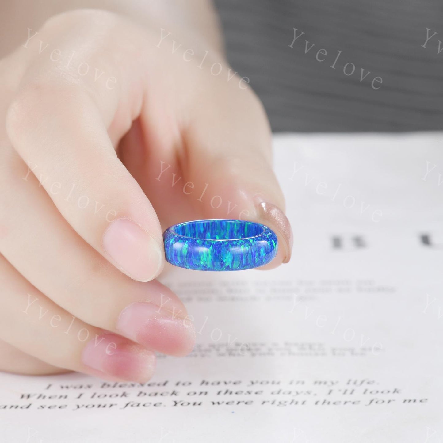 Unique peacock blue opal wedding band mens opal engagement ring full eternity women October birthstone anniversary ring gift for him her