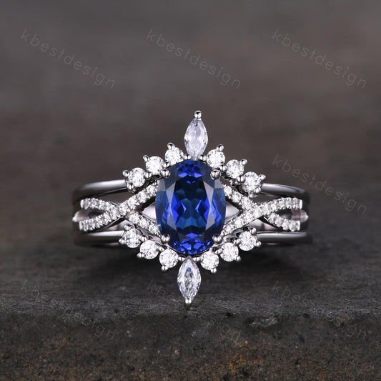 3PCS Blue Sapphire Engagement Ring Set Art Deco Moissanite Stacking Band Oval Cut Bridal Set Unique Curved Bands Blue Sapphire Promise Ring