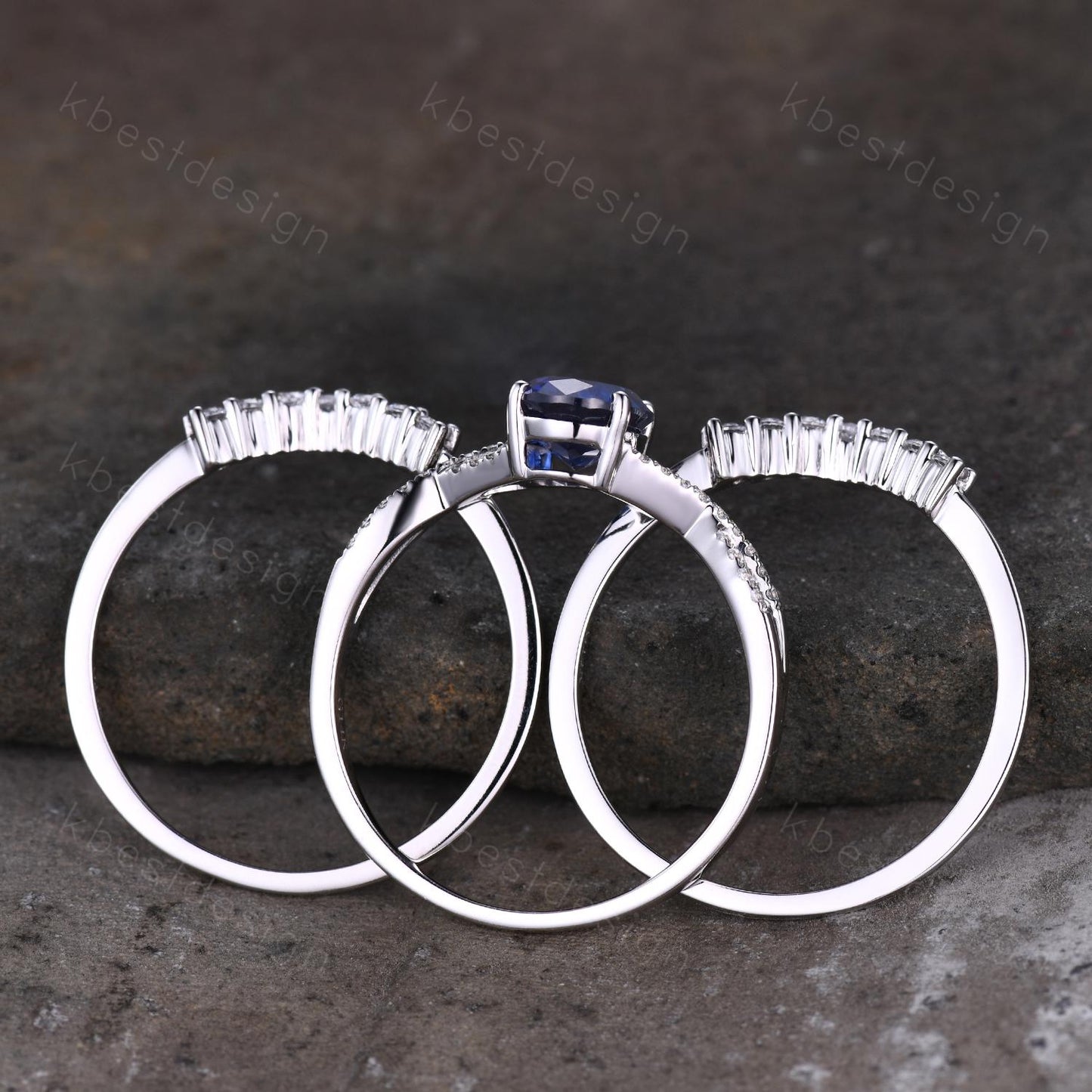 3PCS Blue Sapphire Engagement Ring Set Art Deco Moissanite Stacking Band Oval Cut Bridal Set Unique Curved Bands Blue Sapphire Promise Ring