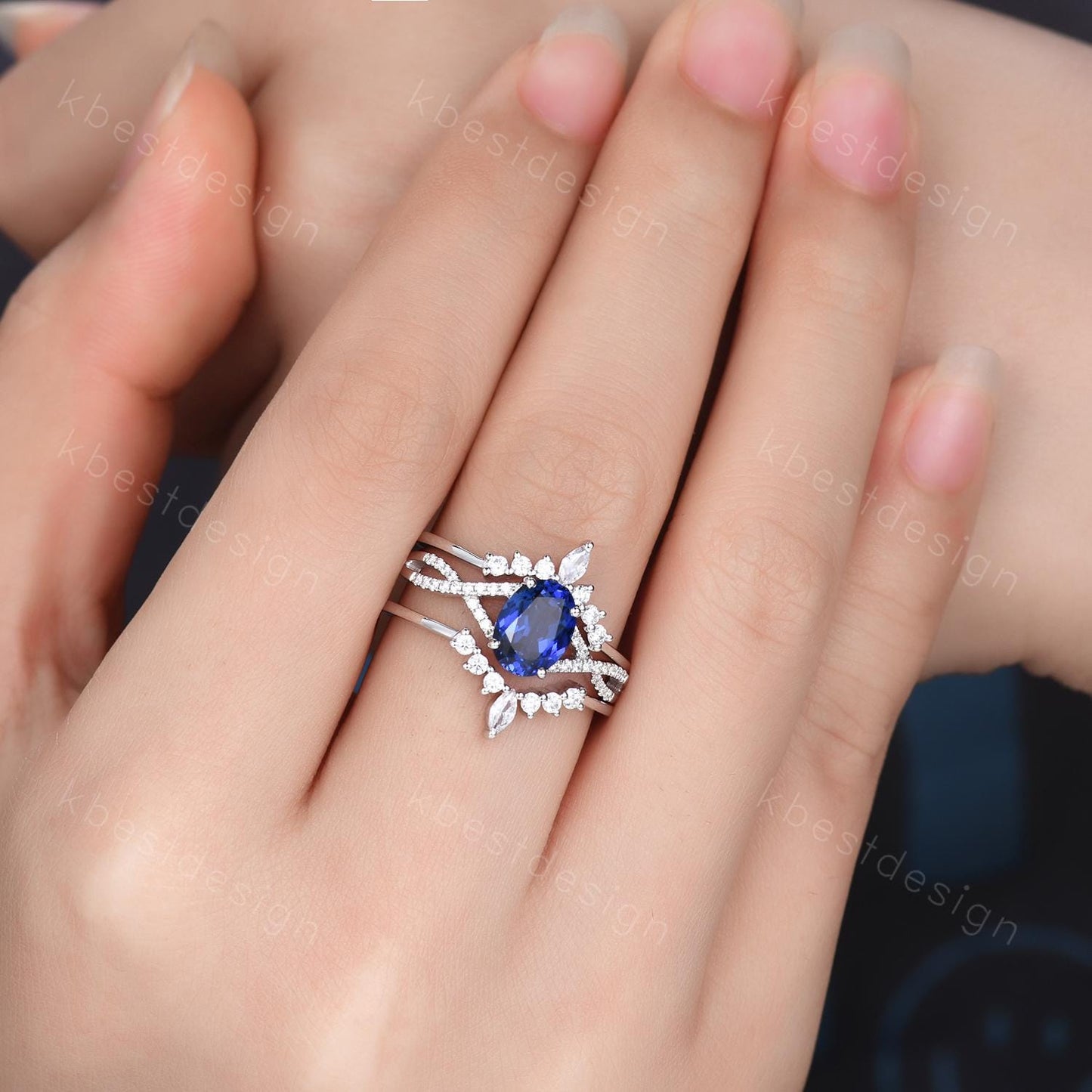 3PCS Blue Sapphire Engagement Ring Set Art Deco Moissanite Stacking Band Oval Cut Bridal Set Unique Curved Bands Blue Sapphire Promise Ring