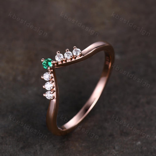 Unique moissanite emerald wedding band dainty rose gold band for women curved stacking matching band bridal anniversary band gift