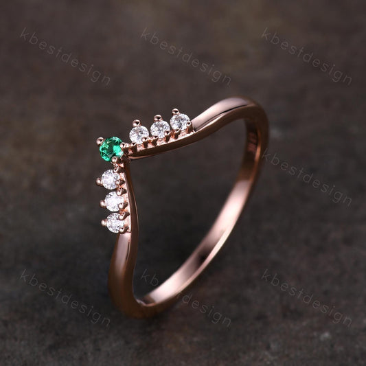Unique moissanite emerald wedding band dainty rose gold band for women curved stacking matching band bridal anniversary band gift