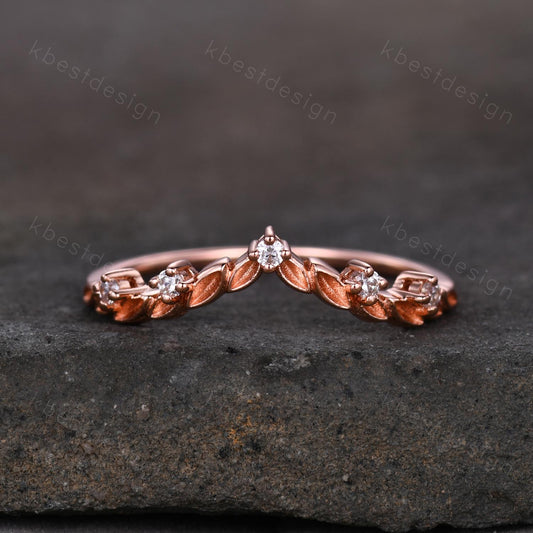 Unique Curved Moissanite Wedding Band Women Rose Gold Nature Leaf Style Stacking Matching Band Bridal Anniversary Ring