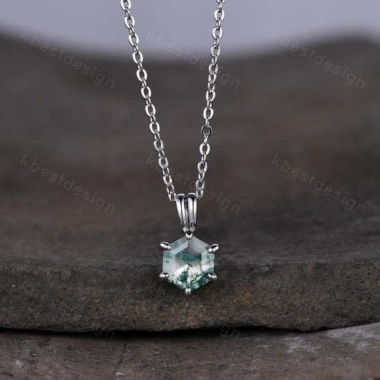 Hexagon Cut Moss Agate Necklace Minimalist Solitaire Pendant for Women Sterling Silver Necklace Unique Personalized Anniversary Necklace
