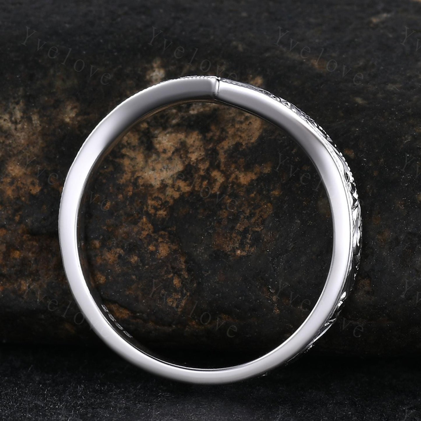 14k Plain White Gold Ring Filigree Milgrain Edge Wedding Band V Curved Stacking Matching Band Retro Vintage Anniversary Gift Promise Ring