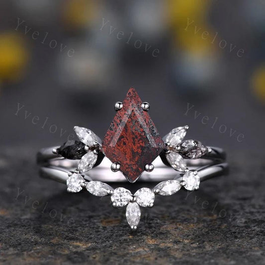 Vintage Kite shaped Bloodstone Engagement Ring Set,Unique Bridal Ring Set,Marquise Black Rutilated Quartz,14k White Gold Anniversary Ring