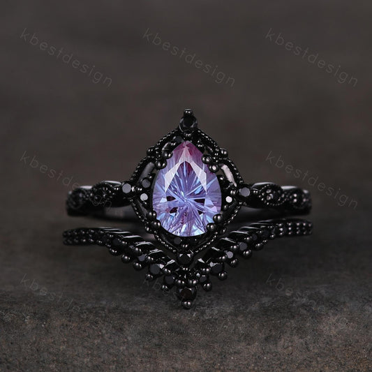 Vintage firework alexandrite engagement ring black gold ring art deco curved stacking band pear shaped bridal set unique black wedding set
