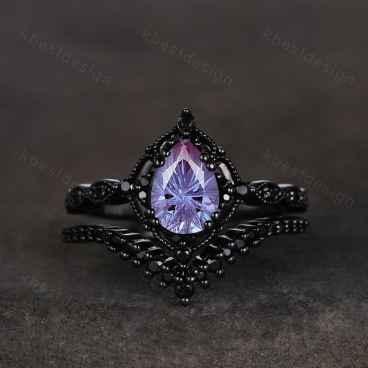 Vintage firework alexandrite engagement ring black gold ring art deco curved stacking band pear shaped bridal set unique black wedding set