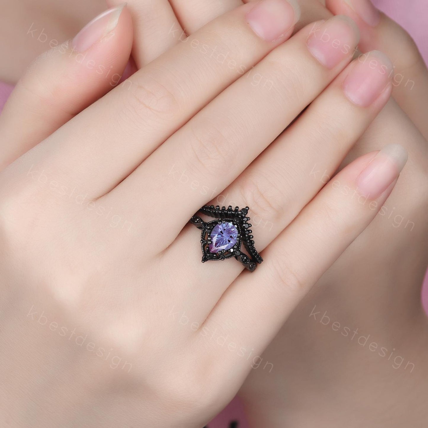 Vintage firework alexandrite engagement ring black gold ring art deco curved stacking band pear shaped bridal set unique black wedding set