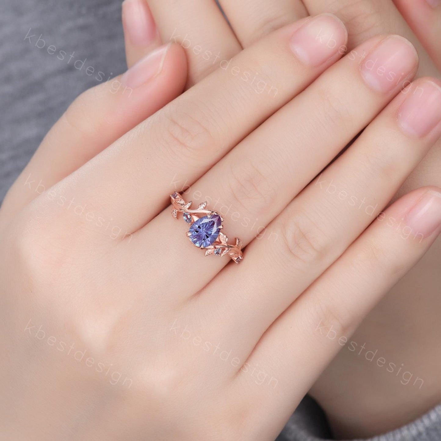Vintage firework cut alexandrite engagement ring rose gold art deco twig leaf ring natural inspired ring unique bridal promise ring for her