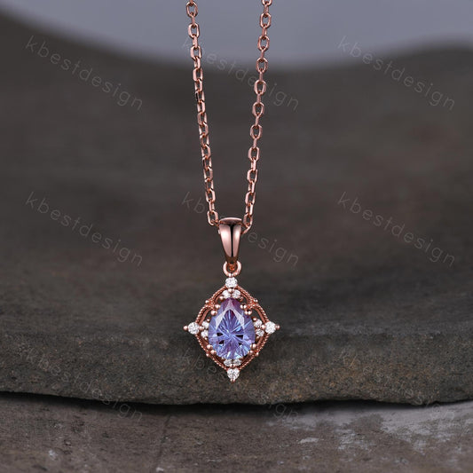 Vintage firework alexandrite necklace rose gold necklace art deco Personalized pendant for women unique moissanite promise anniversary gift