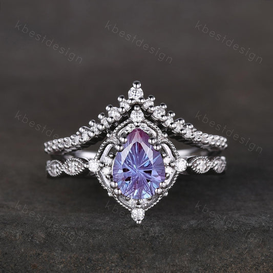 Vintage Alexandrite engagement ring set silver pear shaped firework alexandrite ring art deco moissanite stacking ring unique wedding ring