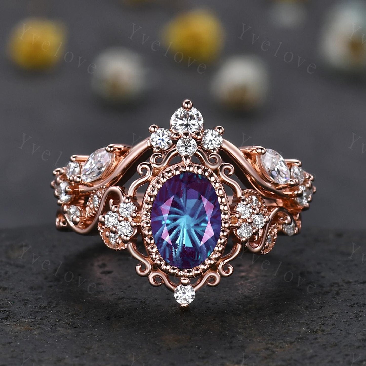 Unique Oval Firework Cut Alexandrite Engagement Ring Set Filigree Rose Gold Band Vintage Diamond Ring Bridal Set Cluster Promise Ring Gift