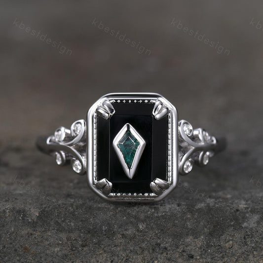 Vintage Black Onyx engagement ring antique kite cut moss agate ring Twig Emerald cut bridal promise ring Gemstone ring for women gift