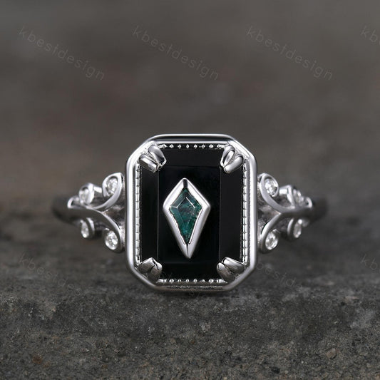 Vintage Black Onyx engagement ring antique kite cut moss agate ring Twig Emerald cut bridal promise ring Gemstone ring for women gift